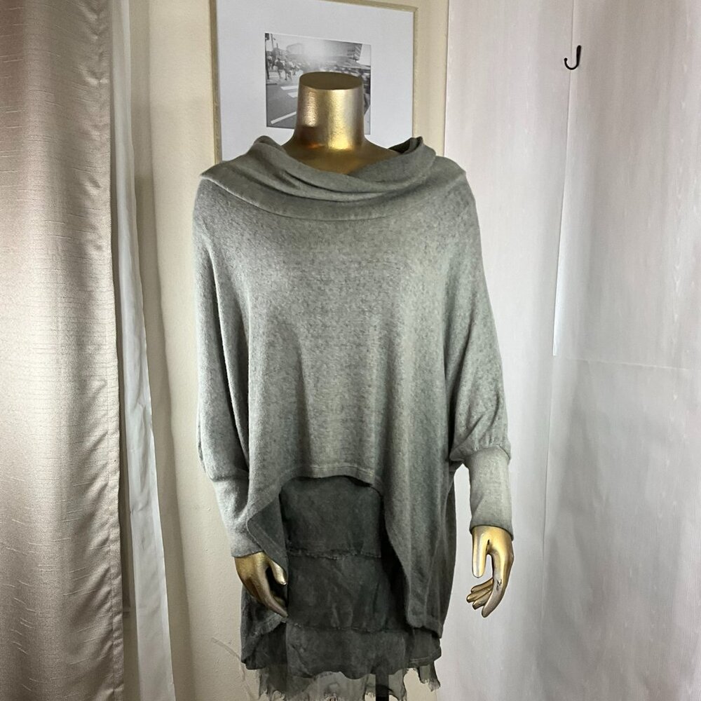 𝅺SCANDAL Women's Boule Cowl Knit Sweater Tunic Layeredn Hem Green Lagenlook O/S